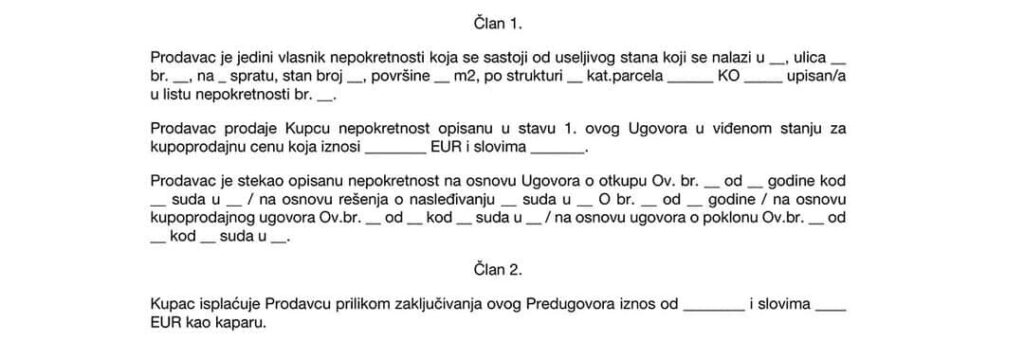 Primer predugovora o kupoprodaji nekretnine